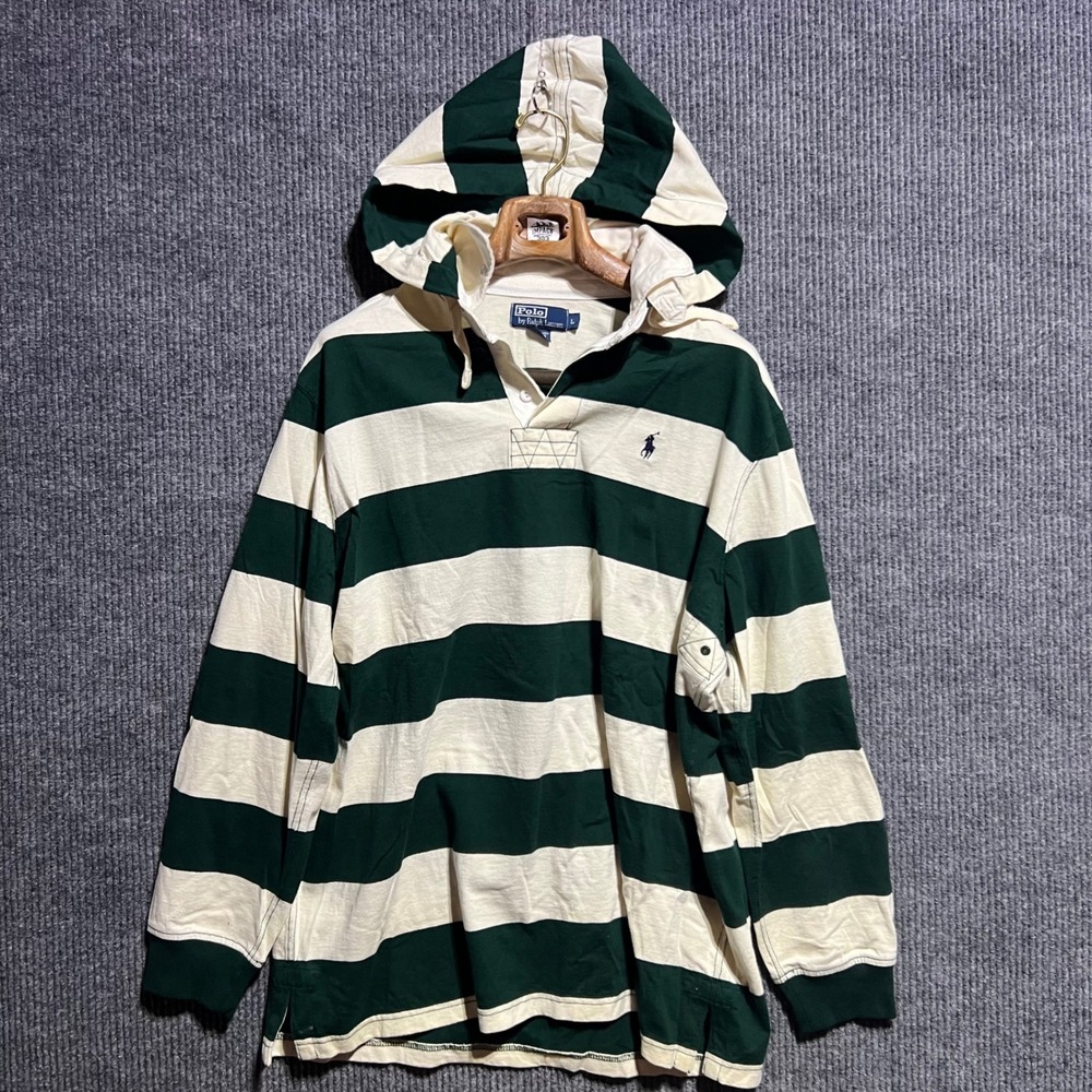 Polo Ralph Lauren Rugby Shirt Mens Large Green Cream Striped Hooded Elbow Patch